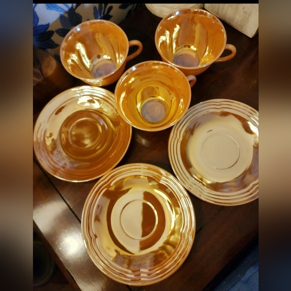 3 sets Vintage Fire King Peach Lustre Three Bands Cups & Saucers - Picture 3 of 4